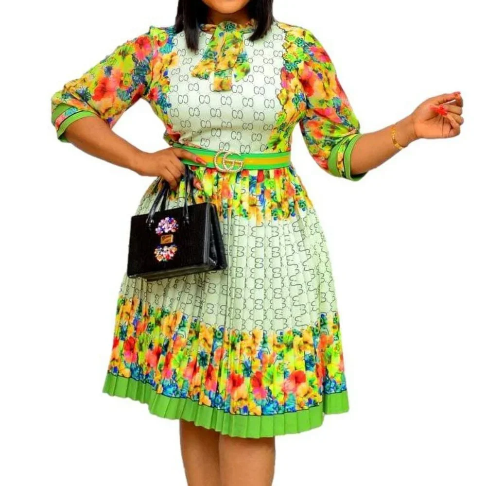 Green Floral Pleated Knee Length Dress